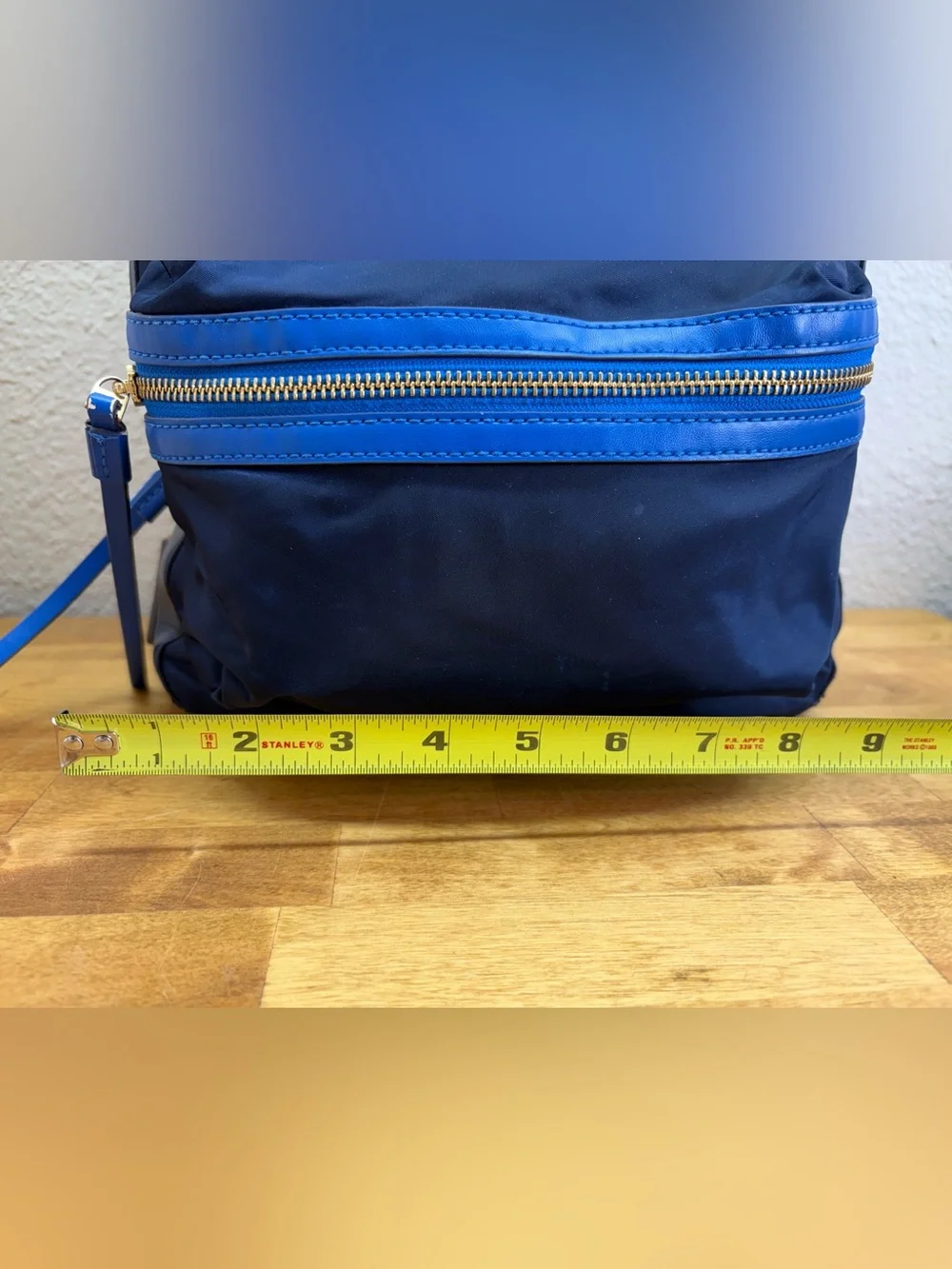 Tory Burch Perry Nylon Small Backpack Navy Blue Leather Trim Travel Bag Handbag